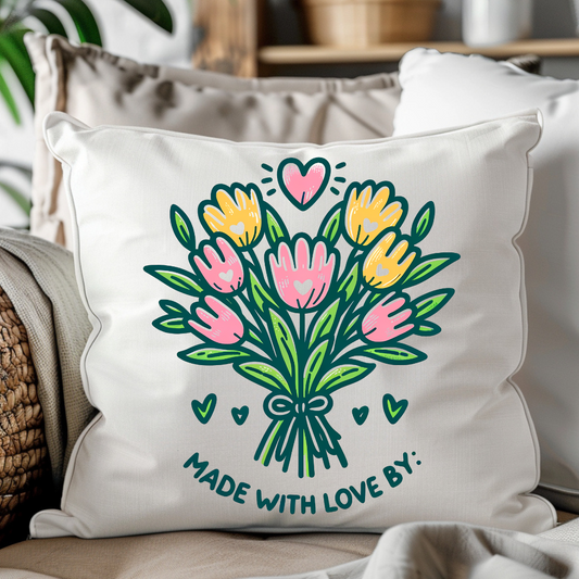 Almohada decorativa con ramo de flores - Hecho con amor